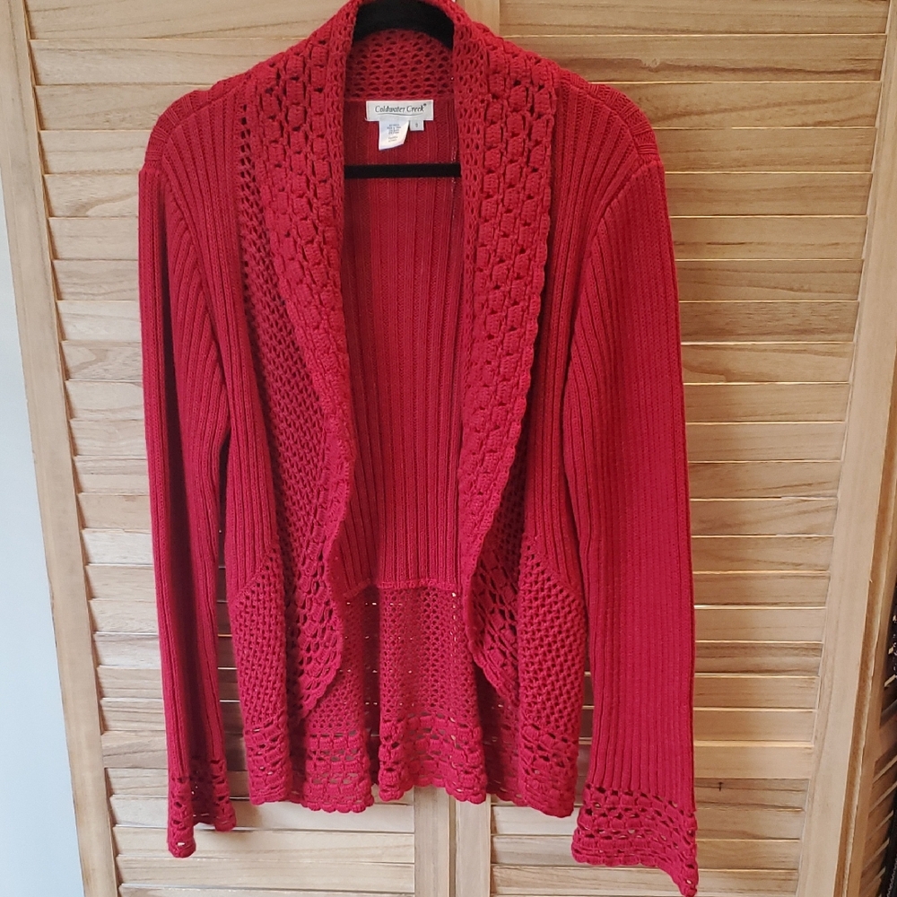 Coldwater Creek Open knit crochet boho style Women's Rich Red Cardigan SZ S
